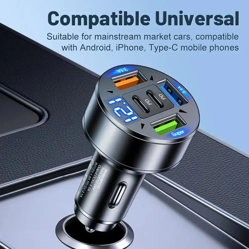 250W 5-in-1 PD QC3.0 Car Charger Fast Charging USB C for IPhone Samsung Galaxy IPad Pro Multi-Port Cigarette Lighter Adapter